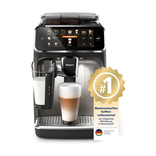 Philips Serie 5400 Kaffeevollautomat (EP5447/90) - LatteGo, 12 Getränke, Milchaufschäumer, Touchscreen, 4 Profile, Schwarz-Chrom-Finish