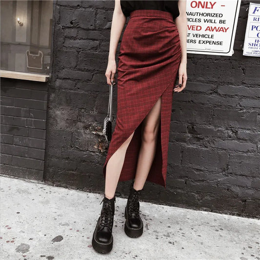 original dark hard girl cool and handsome Red Plaid split high waist long skirt shows thin autumn girl