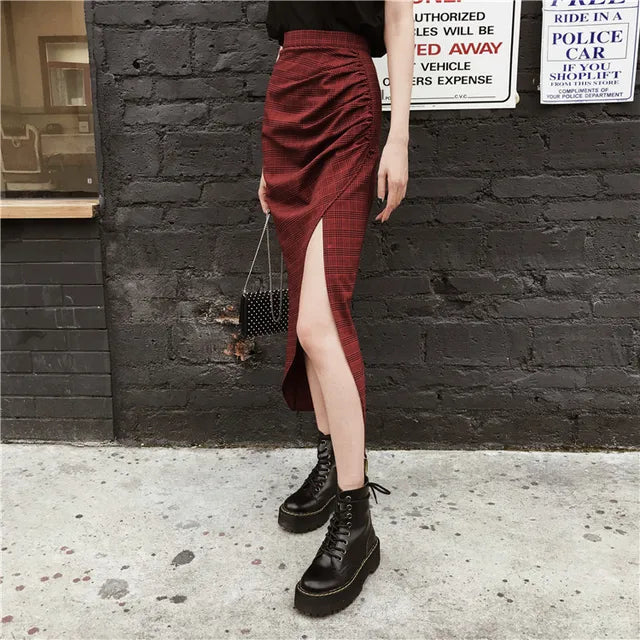 original dark hard girl cool and handsome Red Plaid split high waist long skirt shows thin autumn girl