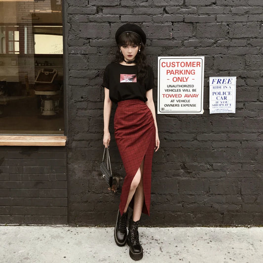 original dark hard girl cool and handsome Red Plaid split high waist long skirt shows thin autumn girl
