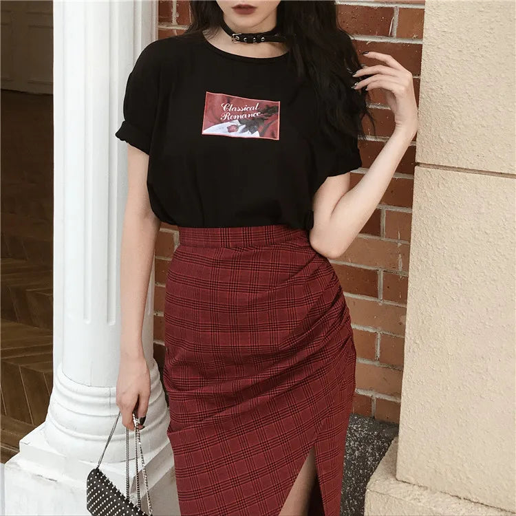 original dark hard girl cool and handsome Red Plaid split high waist long skirt shows thin autumn girl