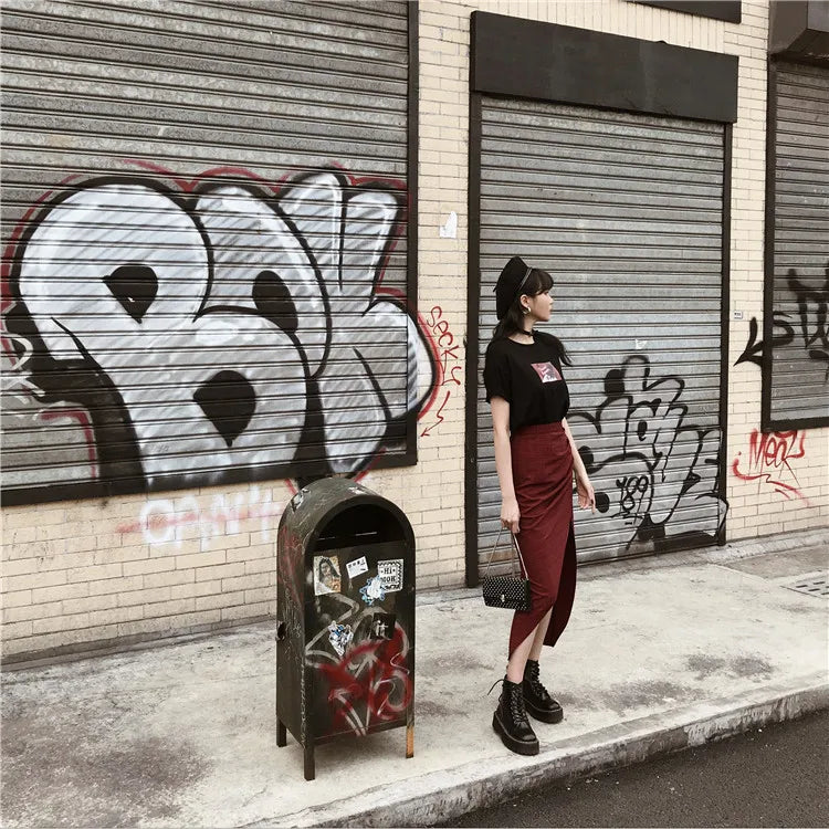 original dark hard girl cool and handsome Red Plaid split high waist long skirt shows thin autumn girl