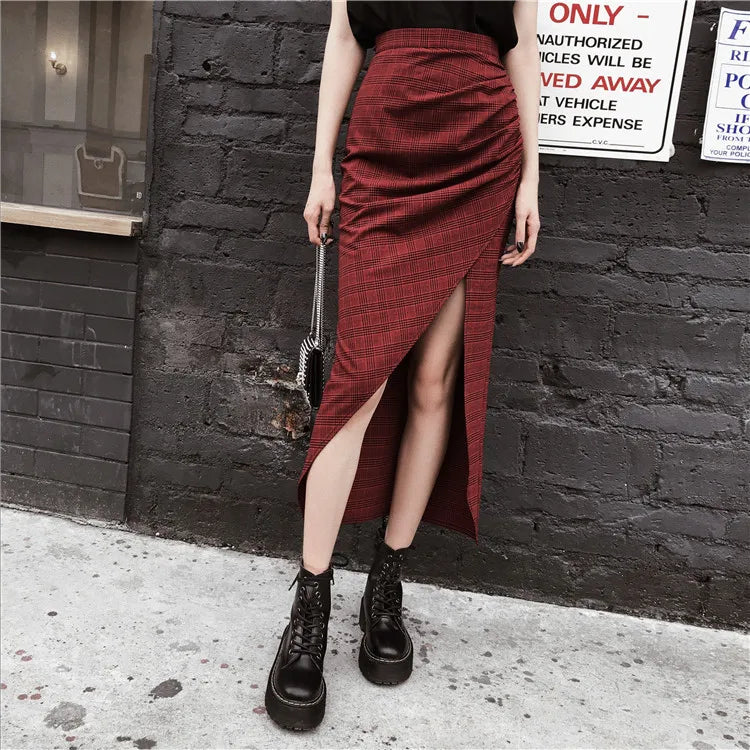 original dark hard girl cool and handsome Red Plaid split high waist long skirt shows thin autumn girl